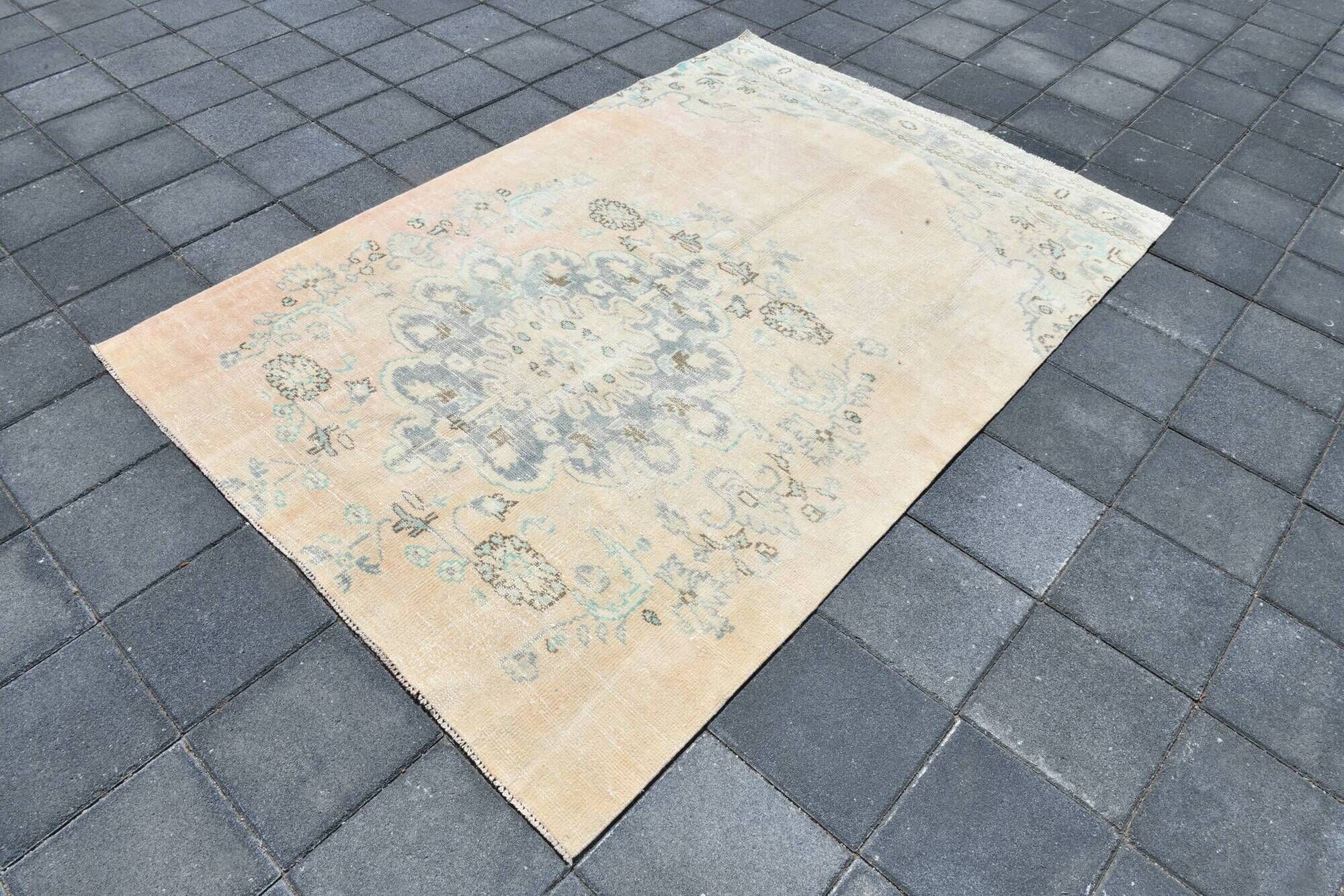Tapis Oushak Vintage, Laine Turque Beige Pêche & Bleu Délavé, 159x227 Cm