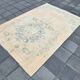 Tapis Oushak Vintage, Laine Turque Beige Pêche & Bleu Délavé, 159x227 Cm