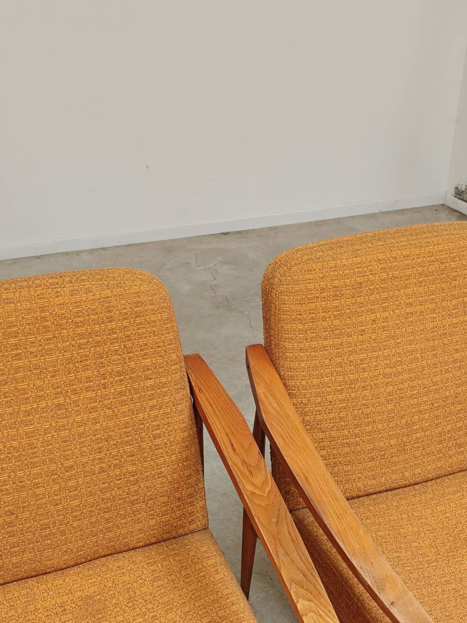 Pair of Czech armchairs in mustard flecked fabric, 1960.