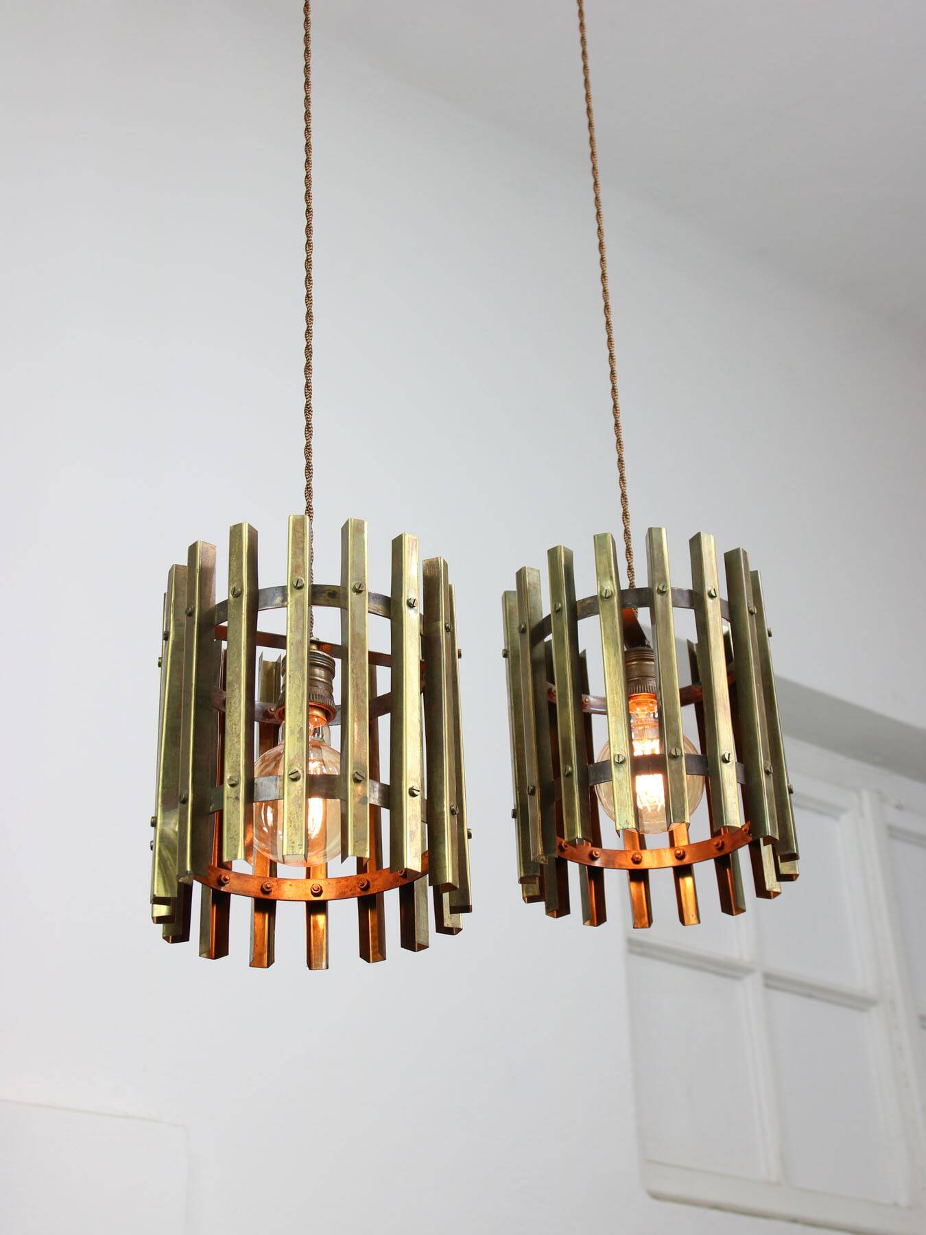 Vintage Italian Brass Cage Pendant Lamp, 70s