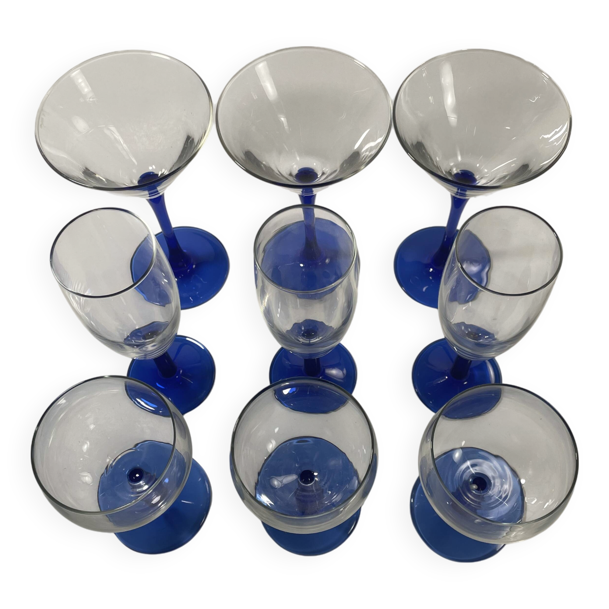 Set of 9 blue stemmed glasses (3 balloon wine glasses, 3 flutes, 3 cocktail)