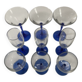 Set of 9 blue stemmed glasses (3 balloon wine glasses, 3 flutes, 3 cocktail)