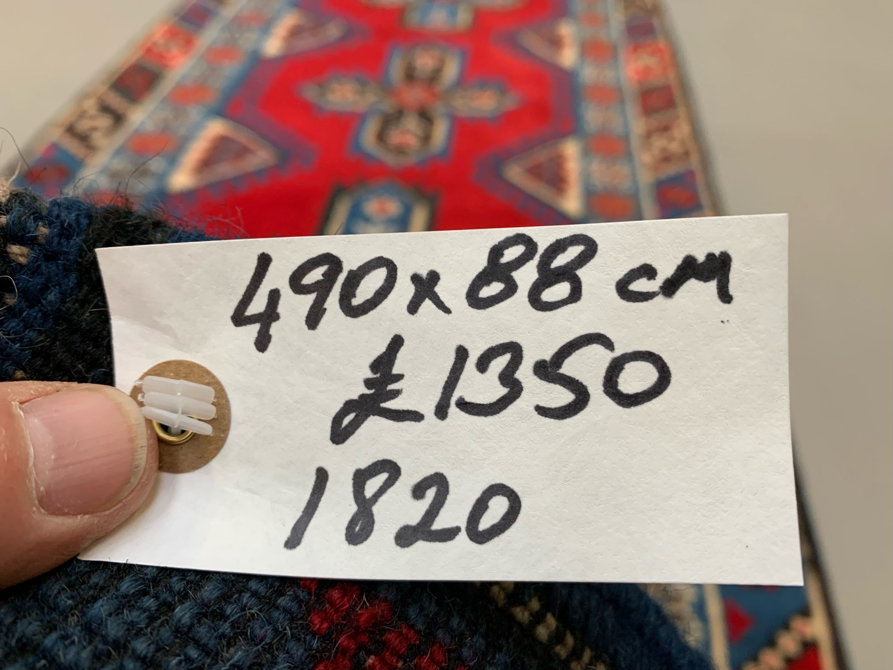 Turkish runner 490x88 cm tribal rug, red, beige, blue, vintage