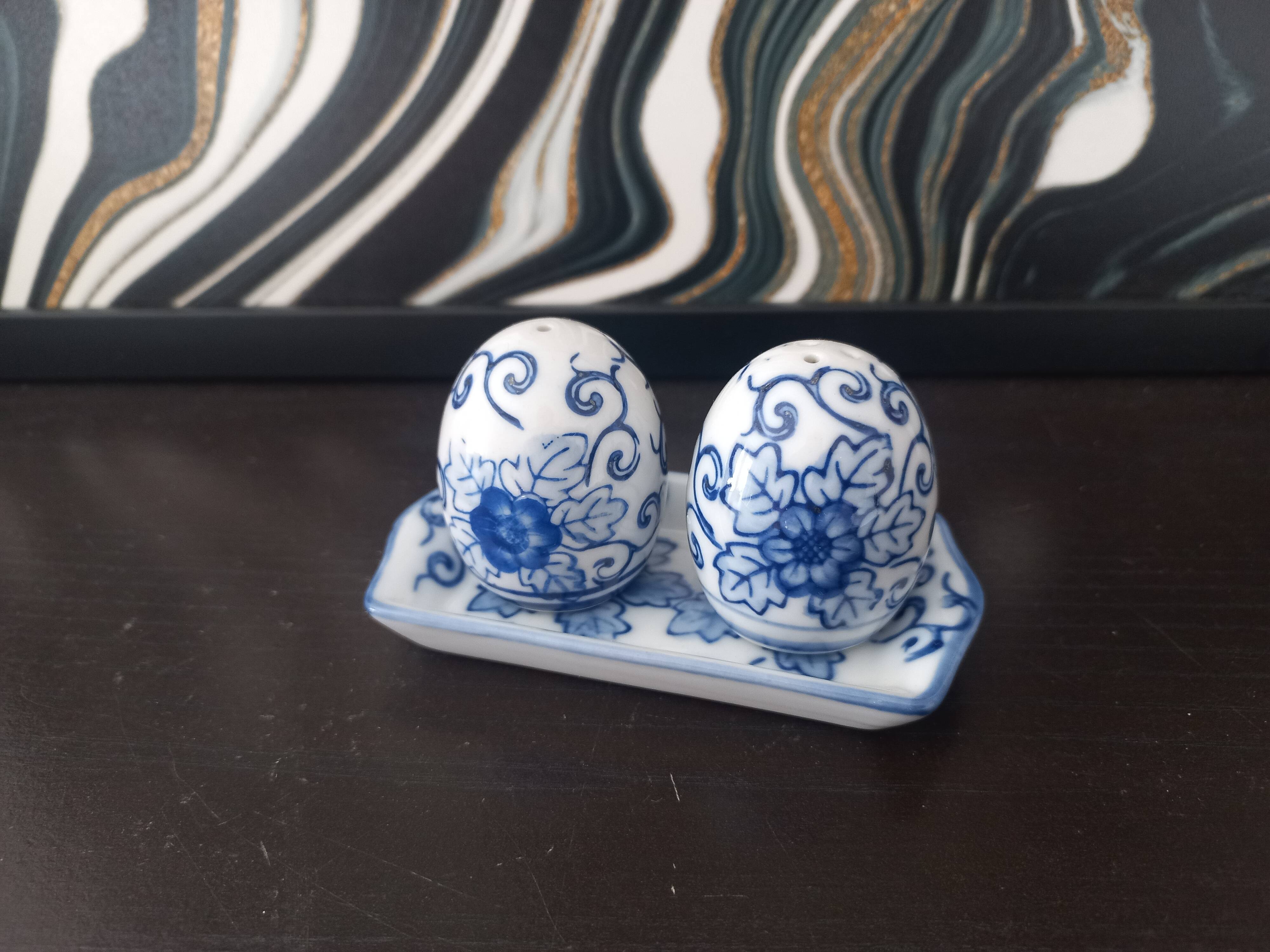 Vintage blue porcelain salt and pepper shakers