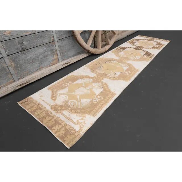 1970s Turkish Hand-Knotted Wool Cotton Beige Runner Rug 73x310