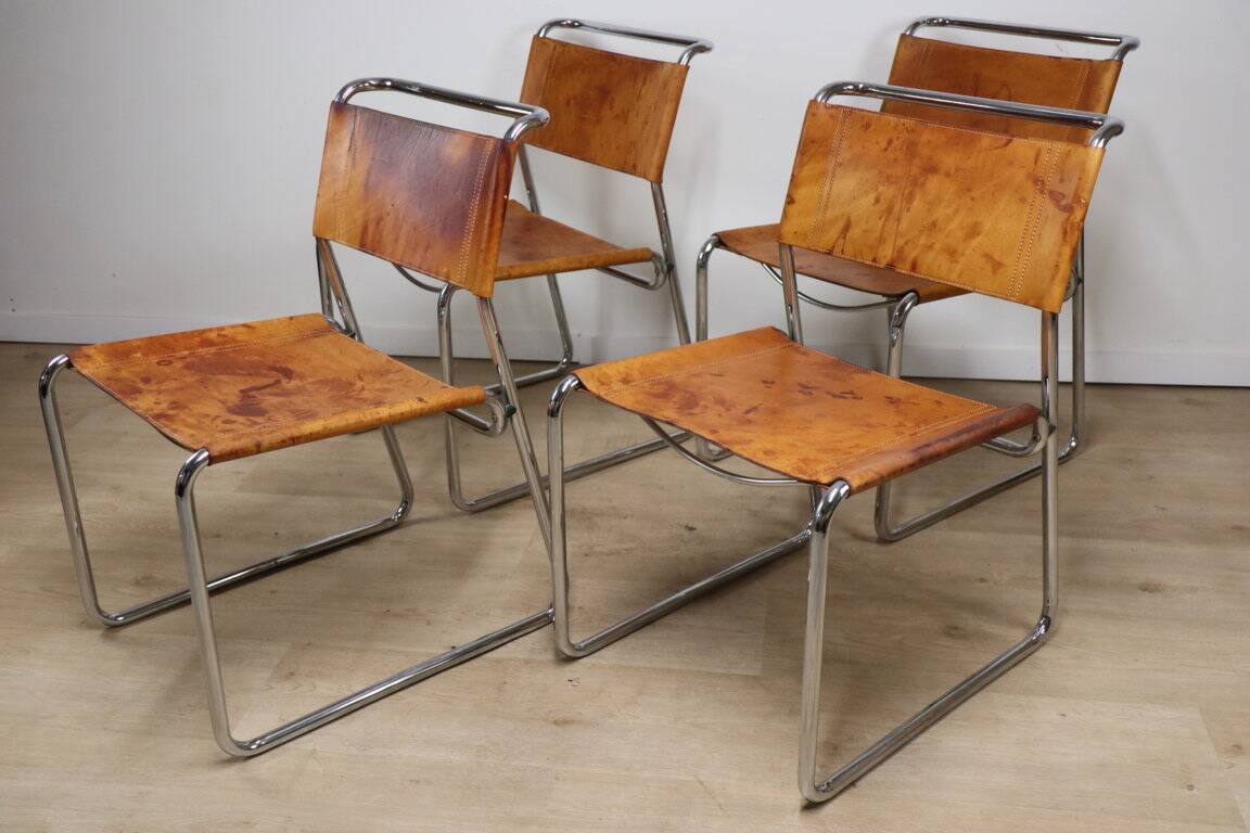 Set of 4 vintage leather and chrome metal chairs, 1970