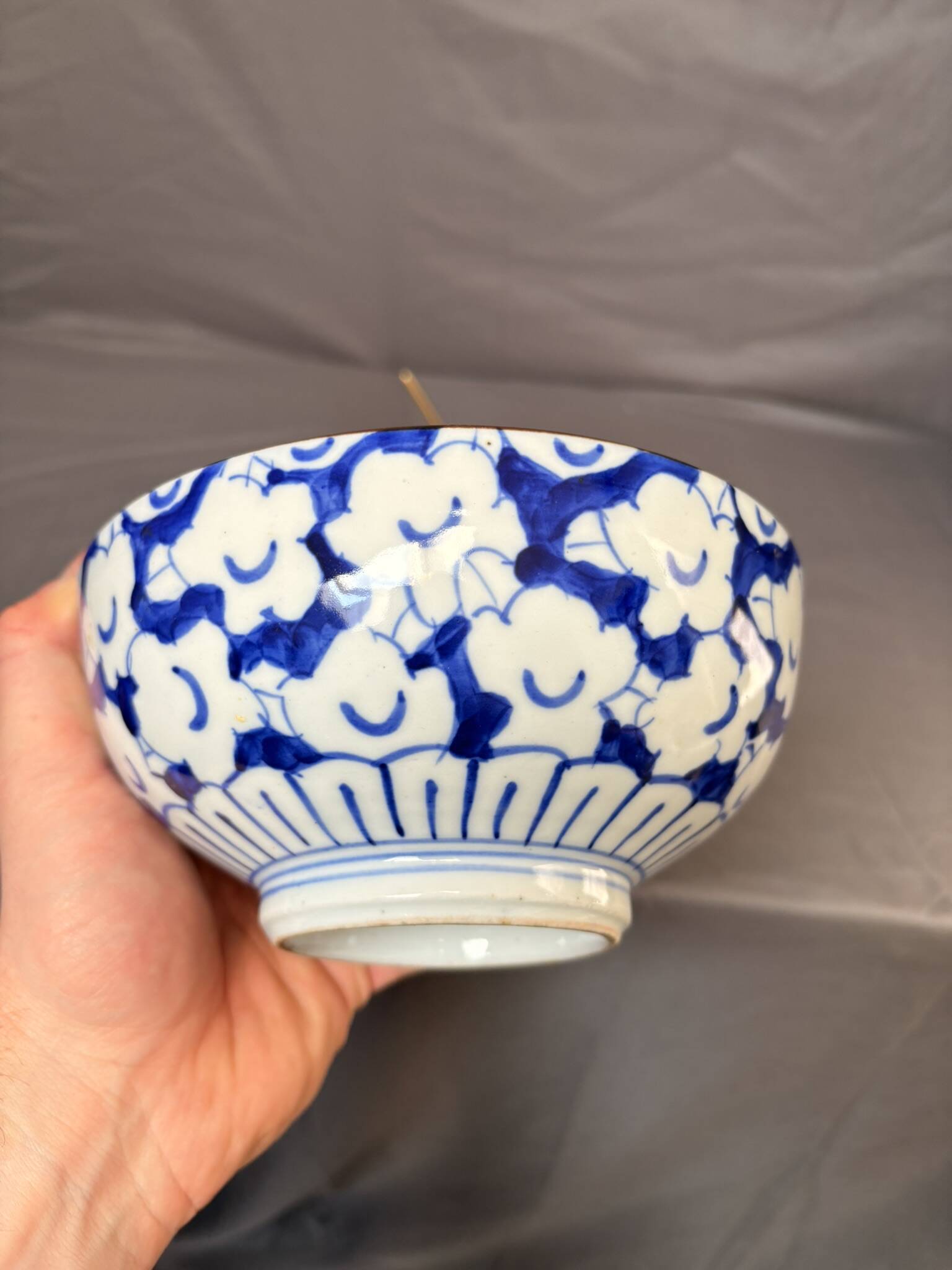 Antique Japanese Ceramic Bowl Cherry Blossom Floral Blue 19th Century