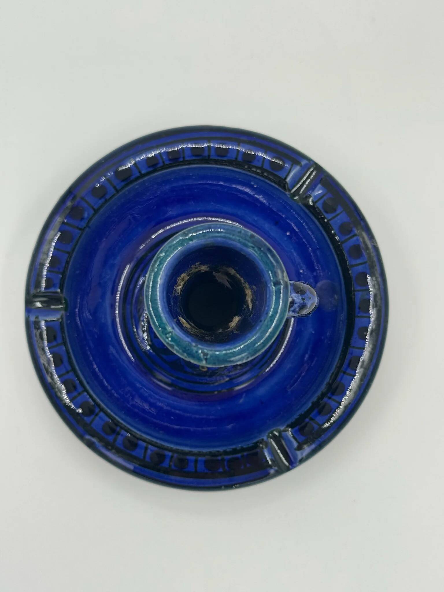 Vintage bedroom candle holder in cobalt blue glazed ceramic