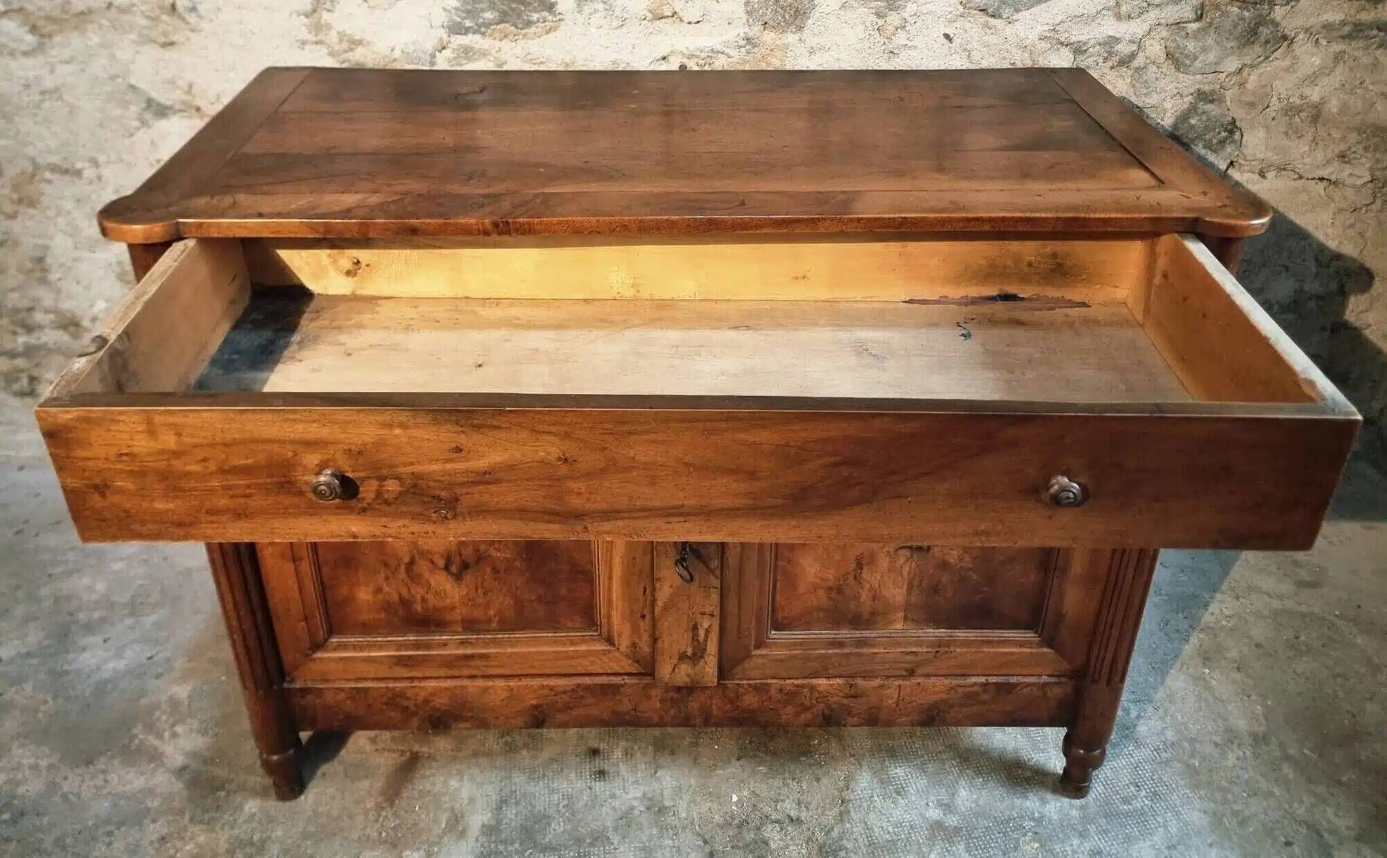 Antique French Walnut Sideboard - 19th Century Buffet with Drawer and Double Doors - Rustic Farmhouse Storage