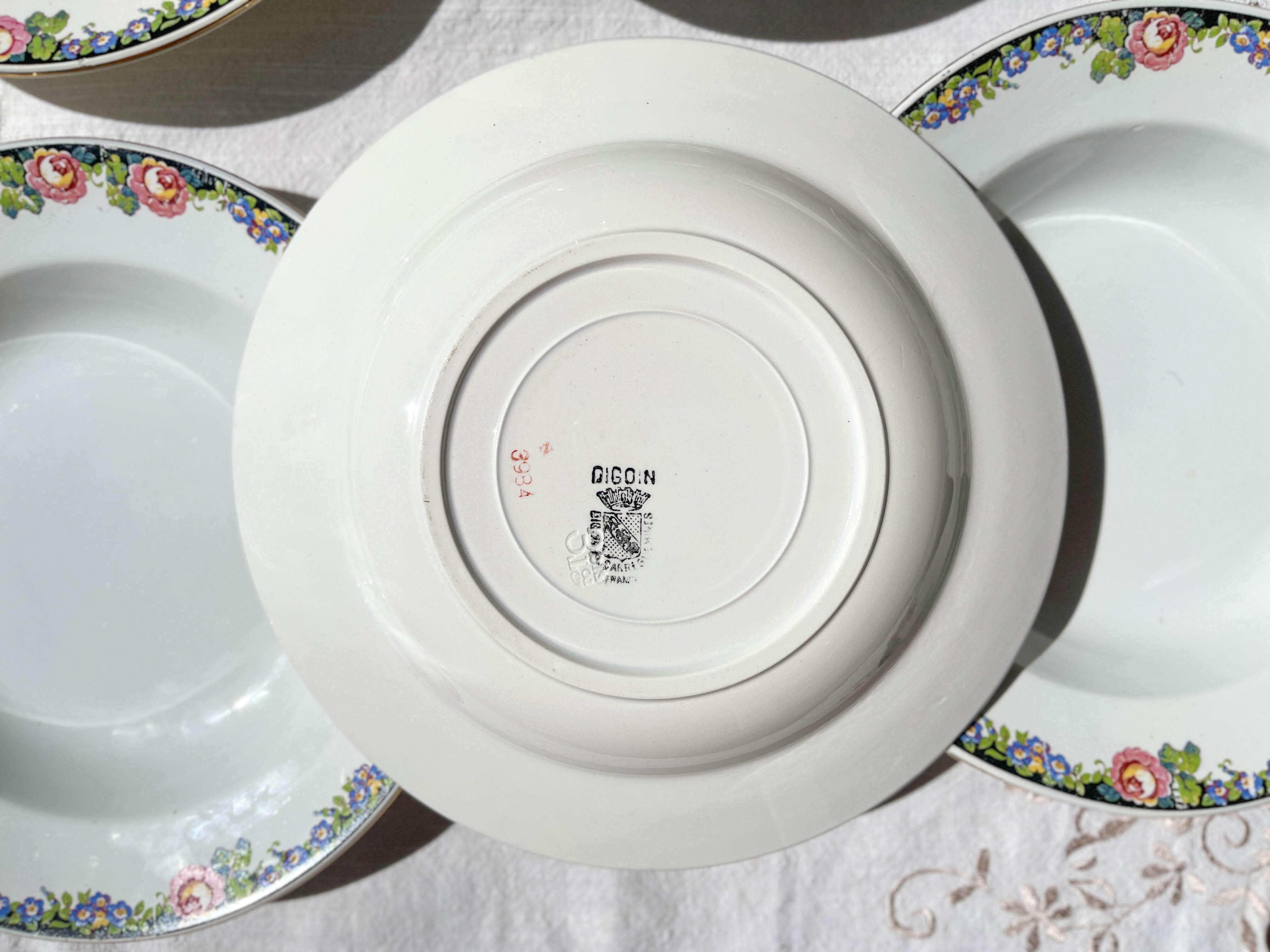 6 Digoin opaque porcelain soup plates with floral pattern "3984"