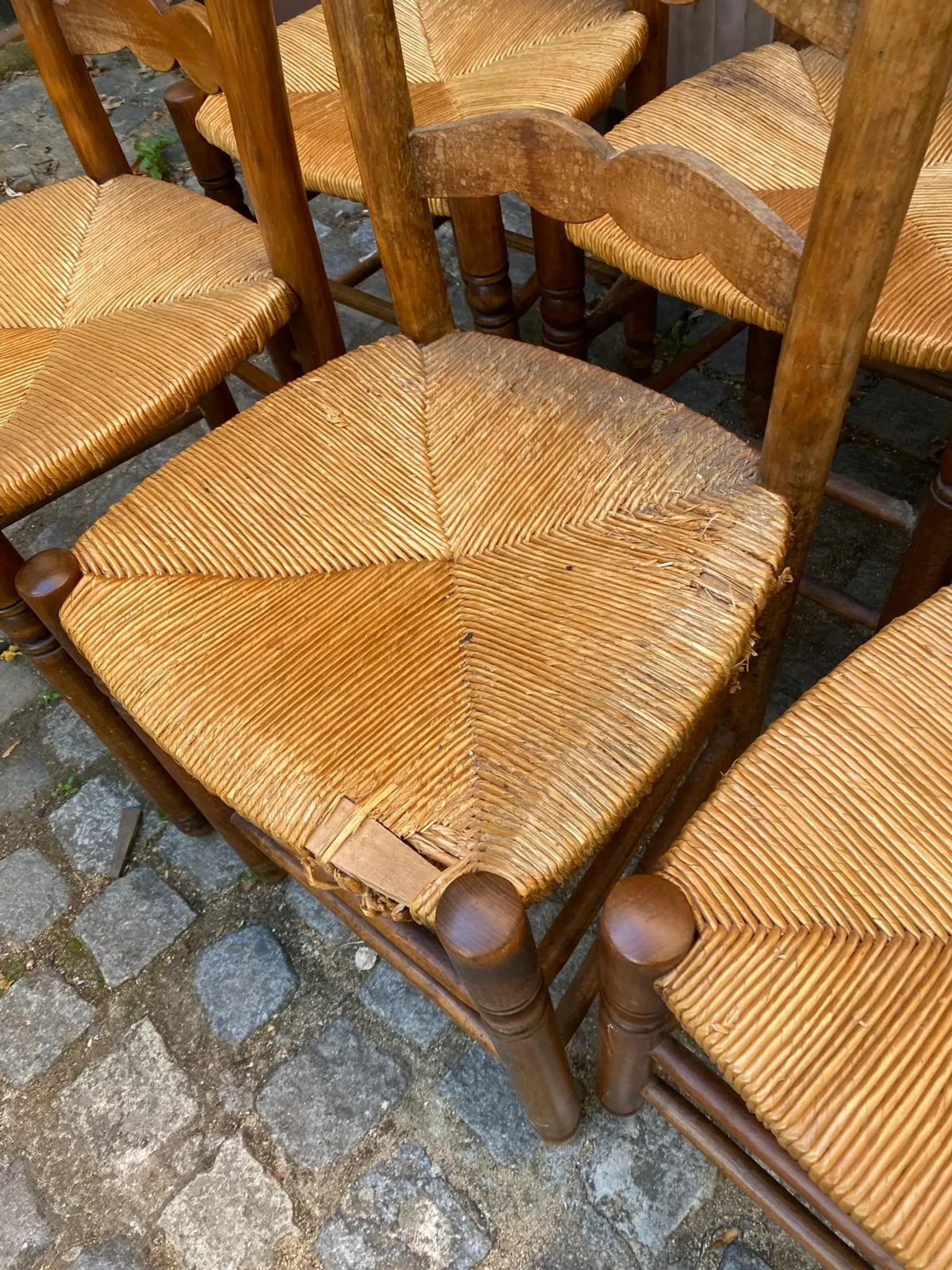 6 Rustic Solid Wood and Straw Chairs in 1960s Country Style