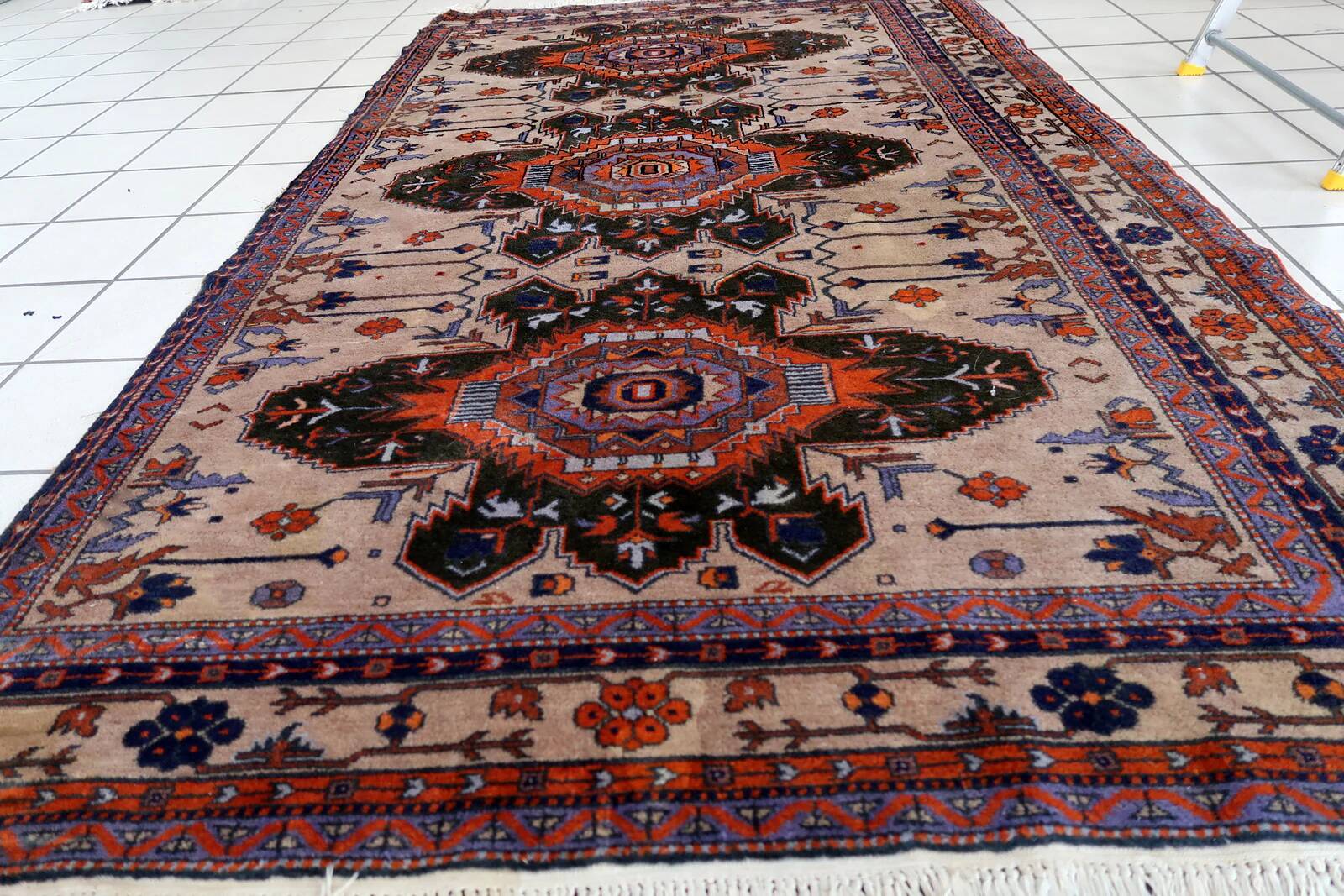 Handmade vintage Caucasian Kazak rug 4' x 6.9' (123cm x 213cm) 1960s