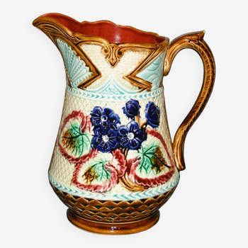 Old Barbotine Pitcher with floral decoration