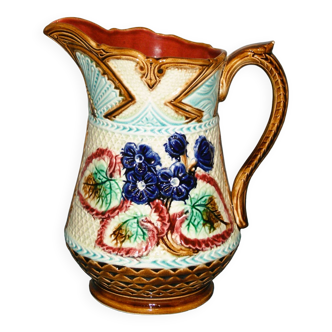 Old Barbotine Pitcher with floral decoration