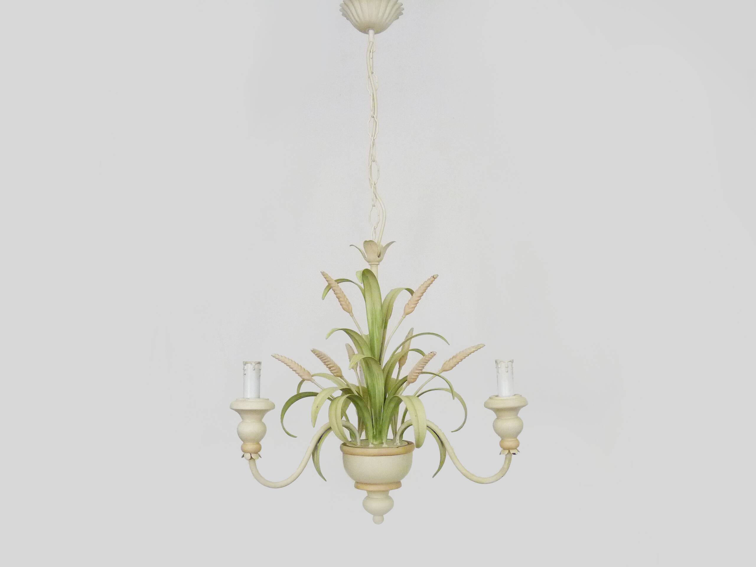Masca vintage wheat stalk chandelier in off-white and pastel green metal.
