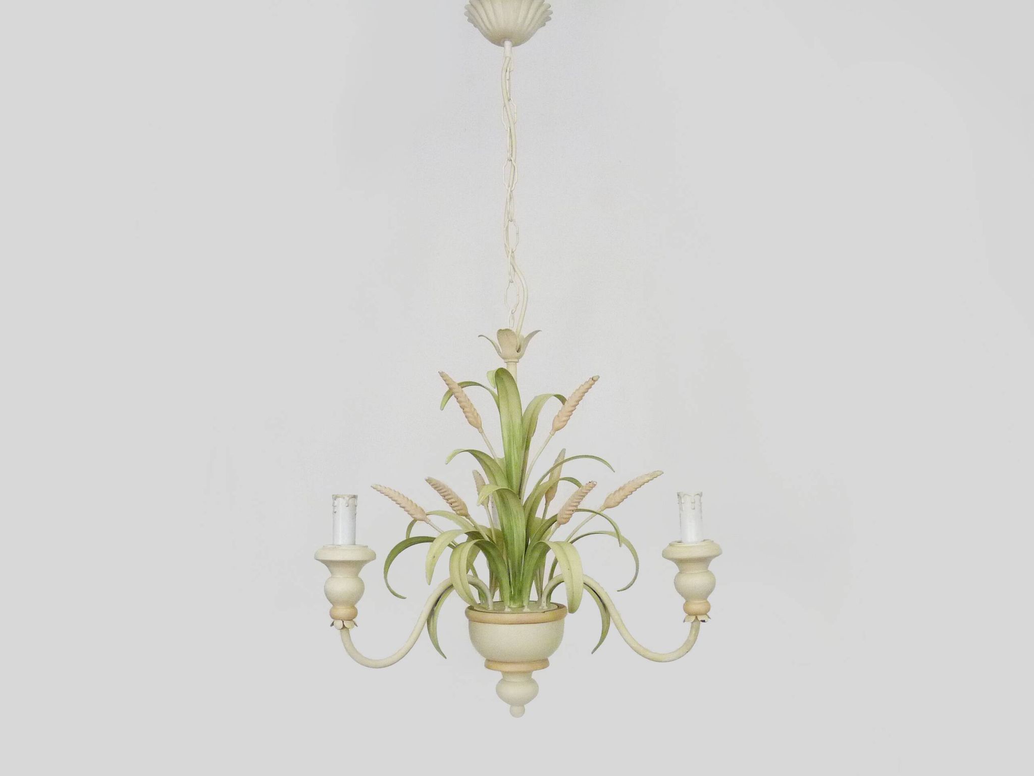 Masca vintage wheat stalk chandelier in off-white and pastel green metal.