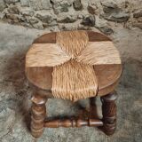 Vintage beechwood stool with straw seat – France, 1950s