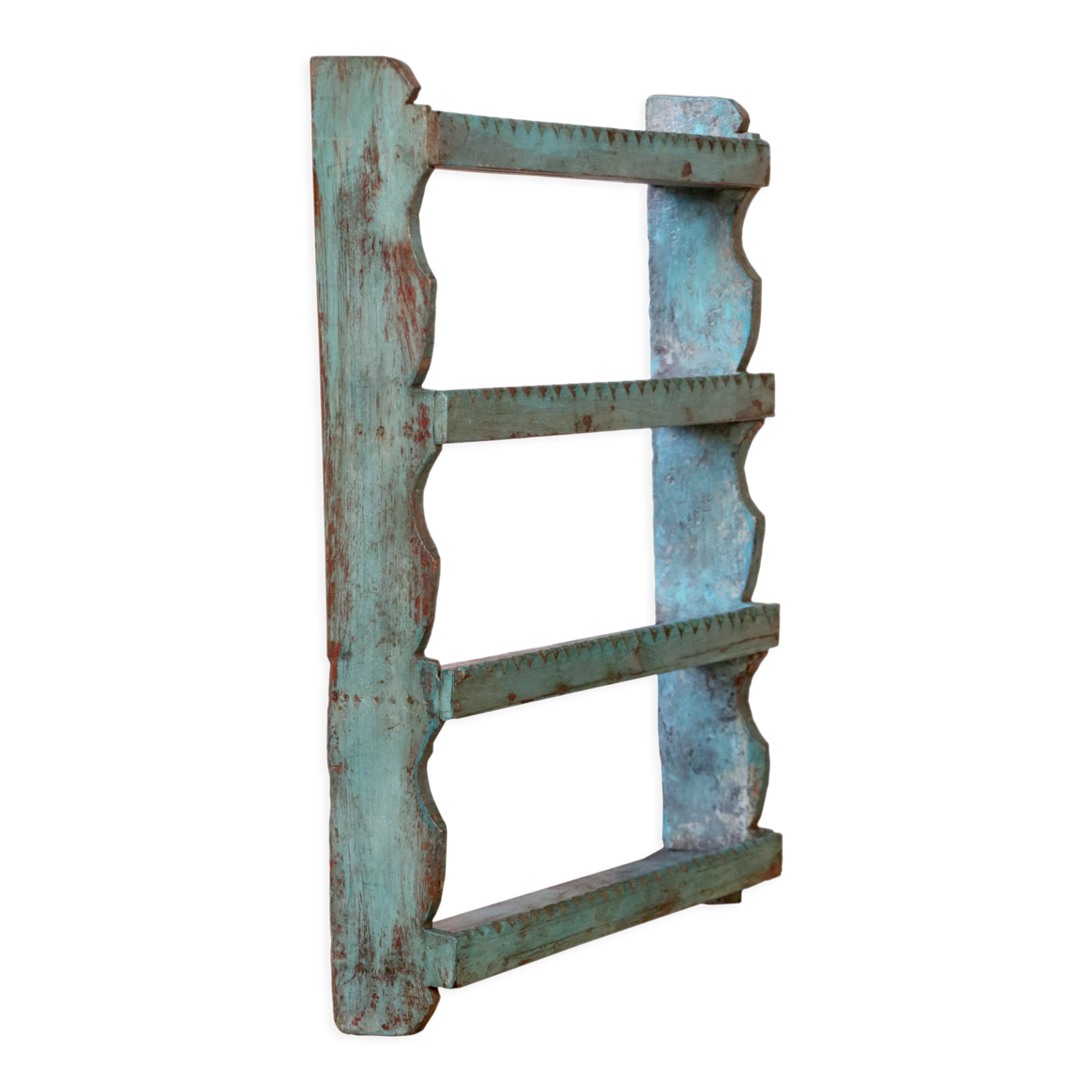 Old Burmese teak wall shelf original blue patina