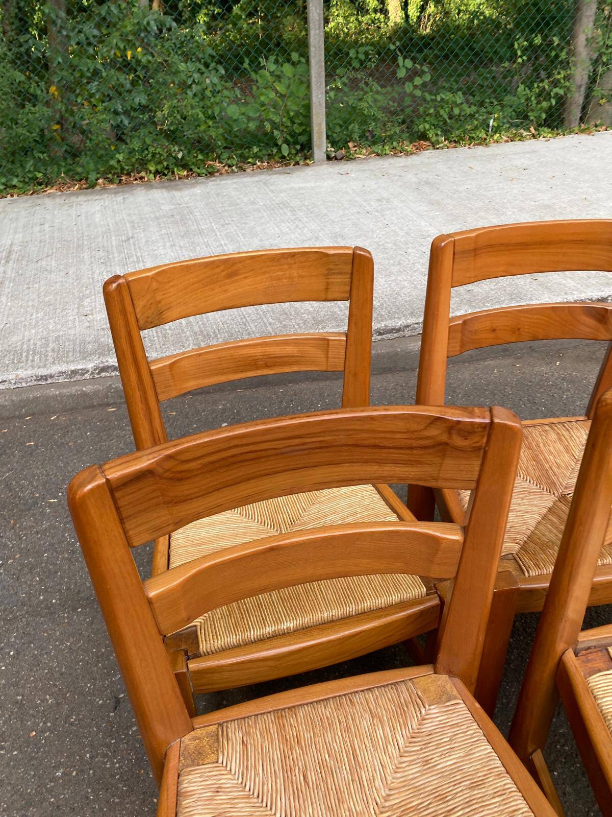 6 chaises brutalistes Maison Regain orme massif paillées années 80