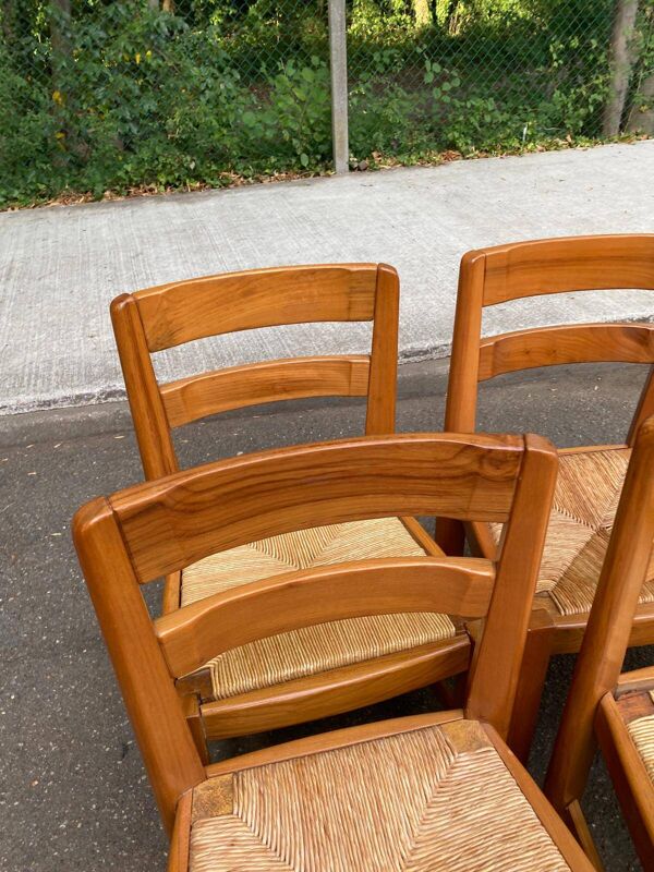 6 chaises brutalistes Maison Regain orme massif paillées années 80