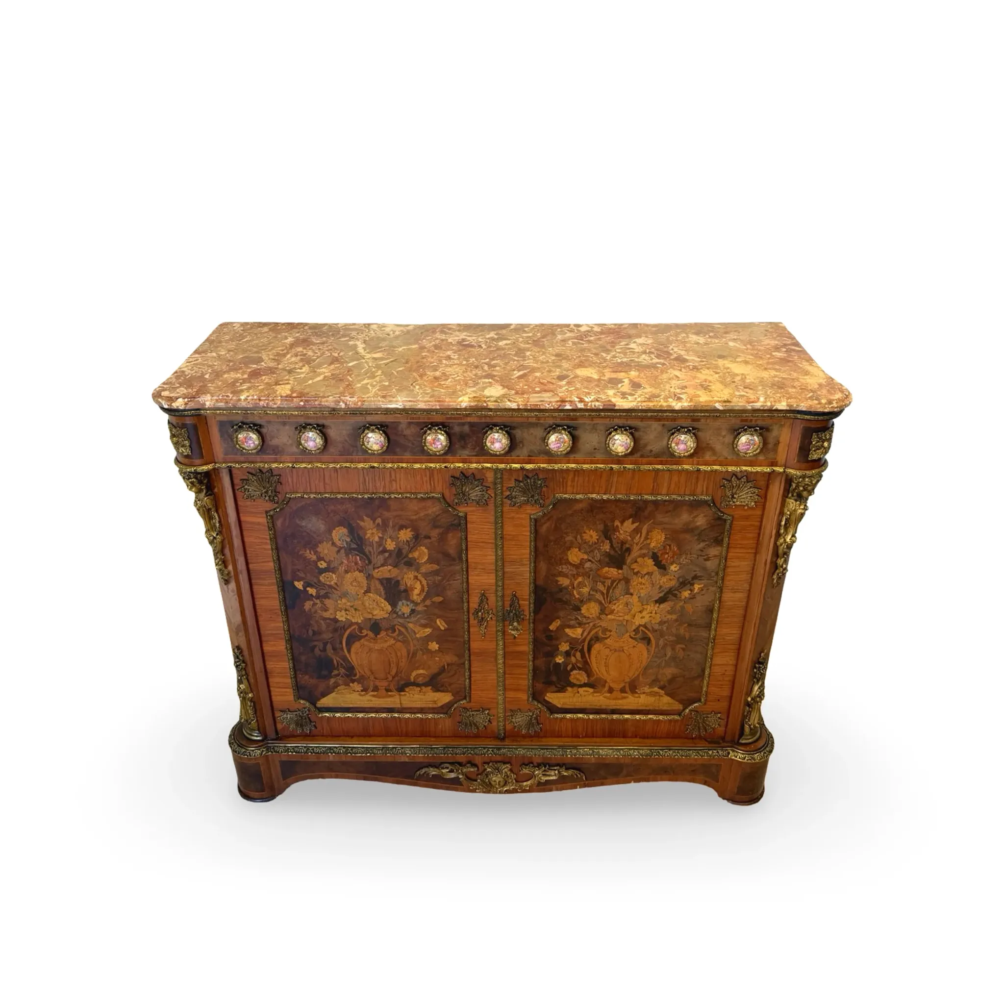An antique French Louis XVI-style marble-top side cabinet