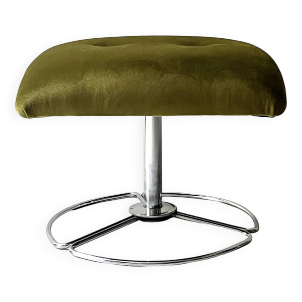 Tabouret / repose pied tulipe pivotant en velours ras vert kaki, design 1970