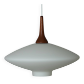 Danish Vintage UFO Lamp in Opal Glass and Teak 1960s