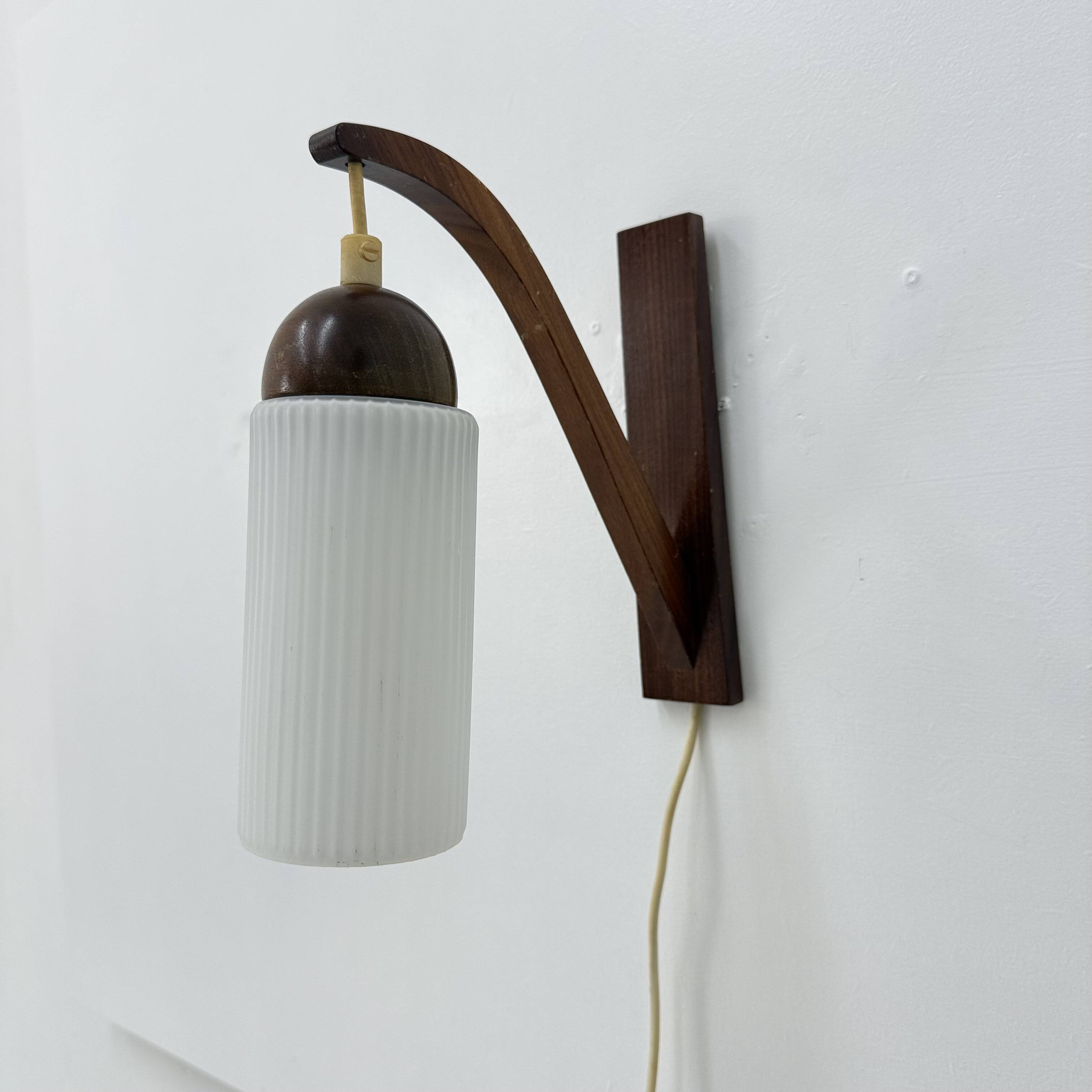 Vintage Scandinavian wall lamp with teak and opaline glass shade , 1960s