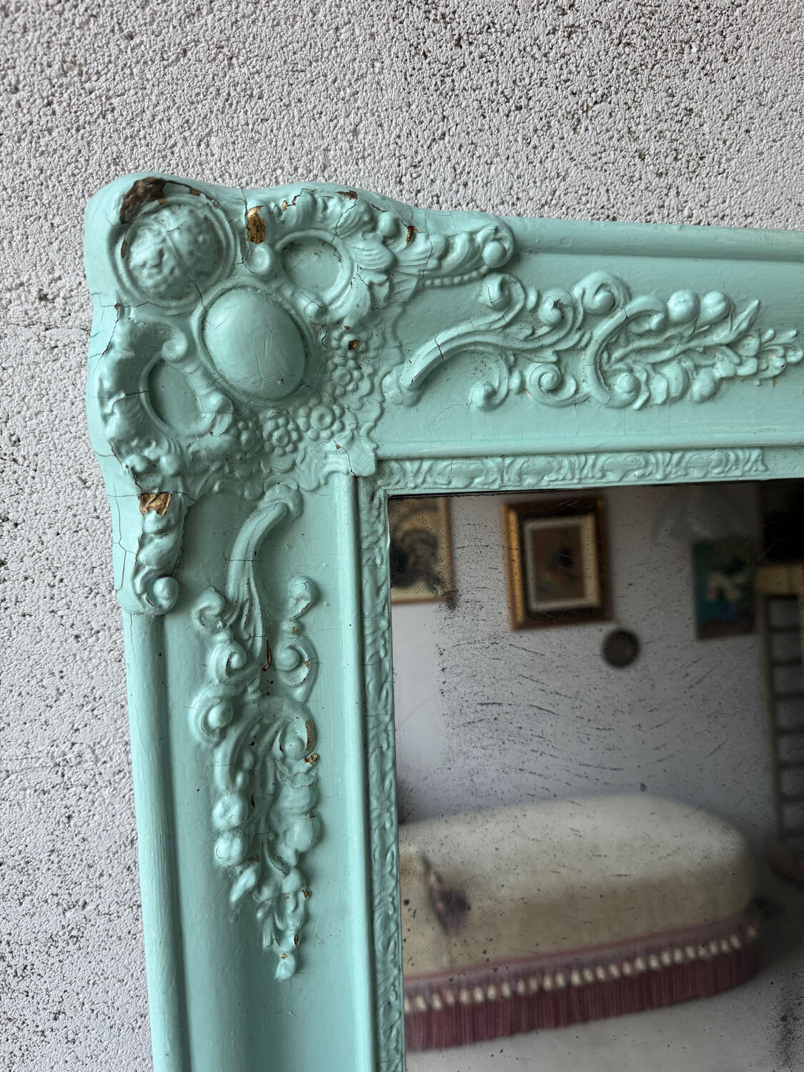 Large antique mercury mirror, patinated blue sculpted frame.