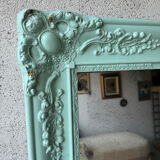 Large antique mercury mirror, patinated blue sculpted frame.