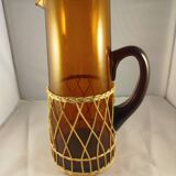 Carafe and 5 glasses set, amber glass and woven wicker, bohemian chic