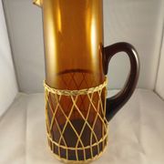 Carafe and 5 glasses set, amber glass and woven wicker, bohemian chic