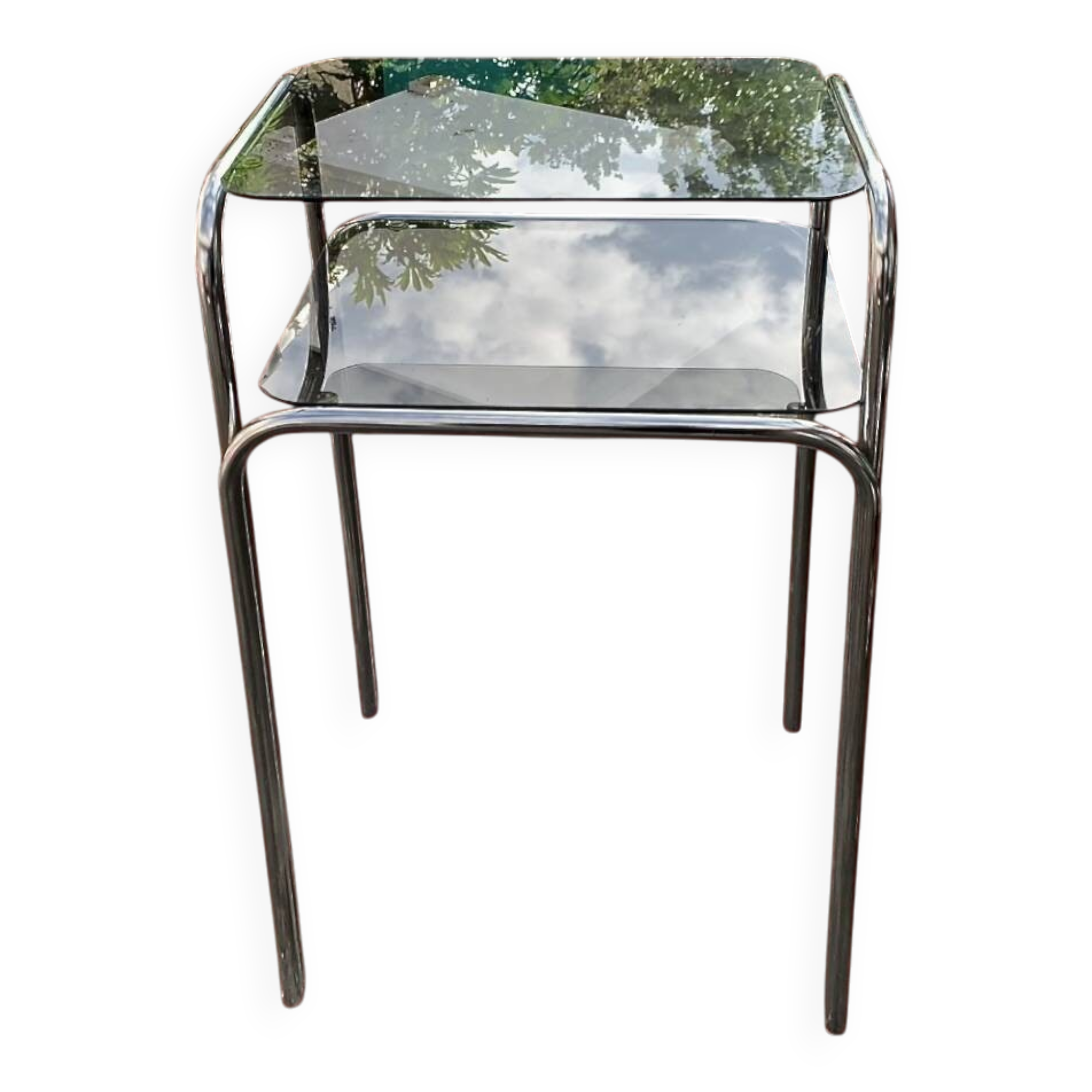 Vintage side table in chromed metal and smoked glass - modernist style