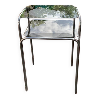 Table d'appoint vintage en métal chromé et verre fumé – style moderniste