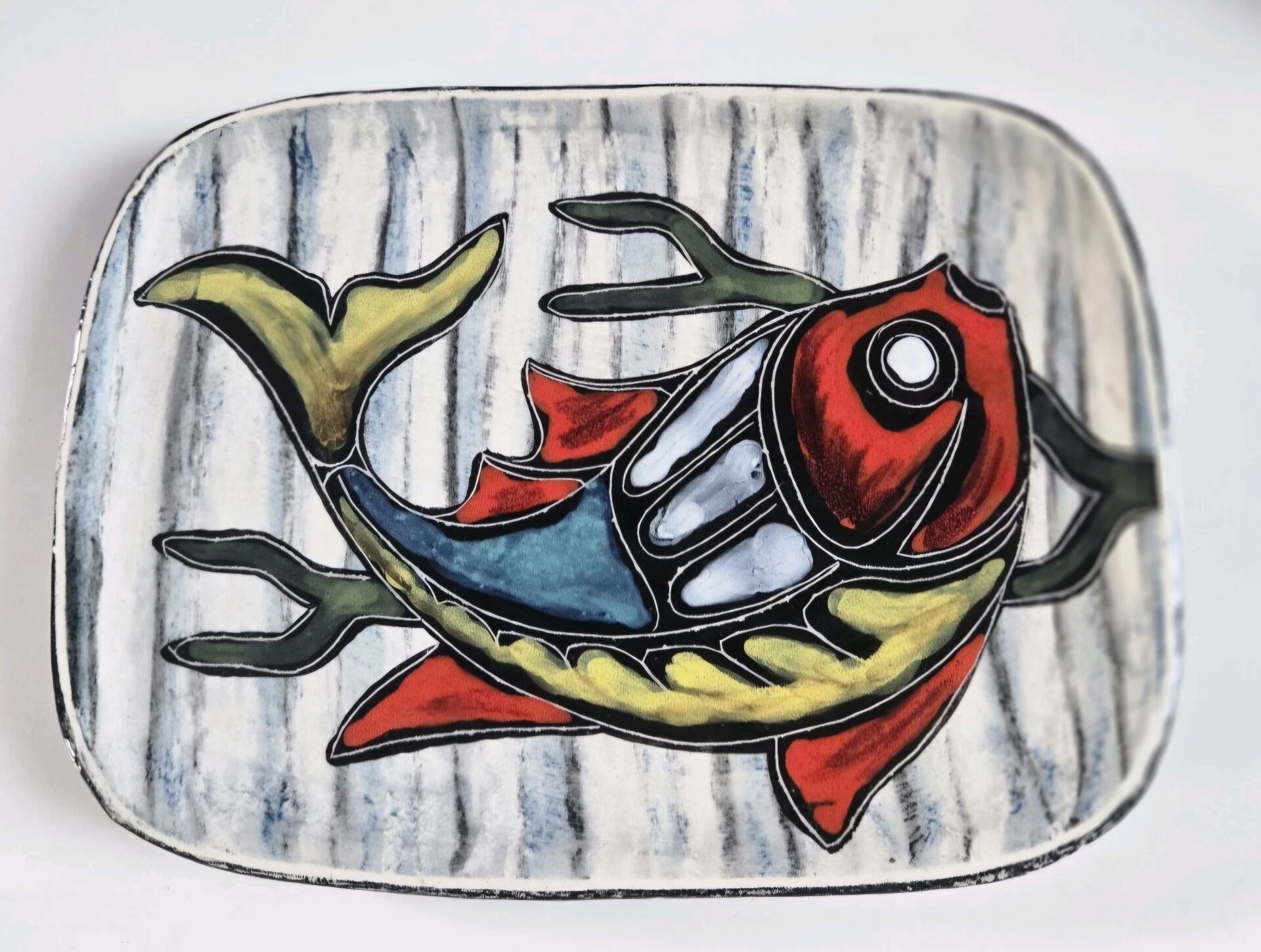 Magnificent vintage rectangular dish in glazed ceramic.