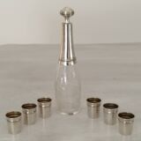 Liquor service crystal carafe glasses silver metal