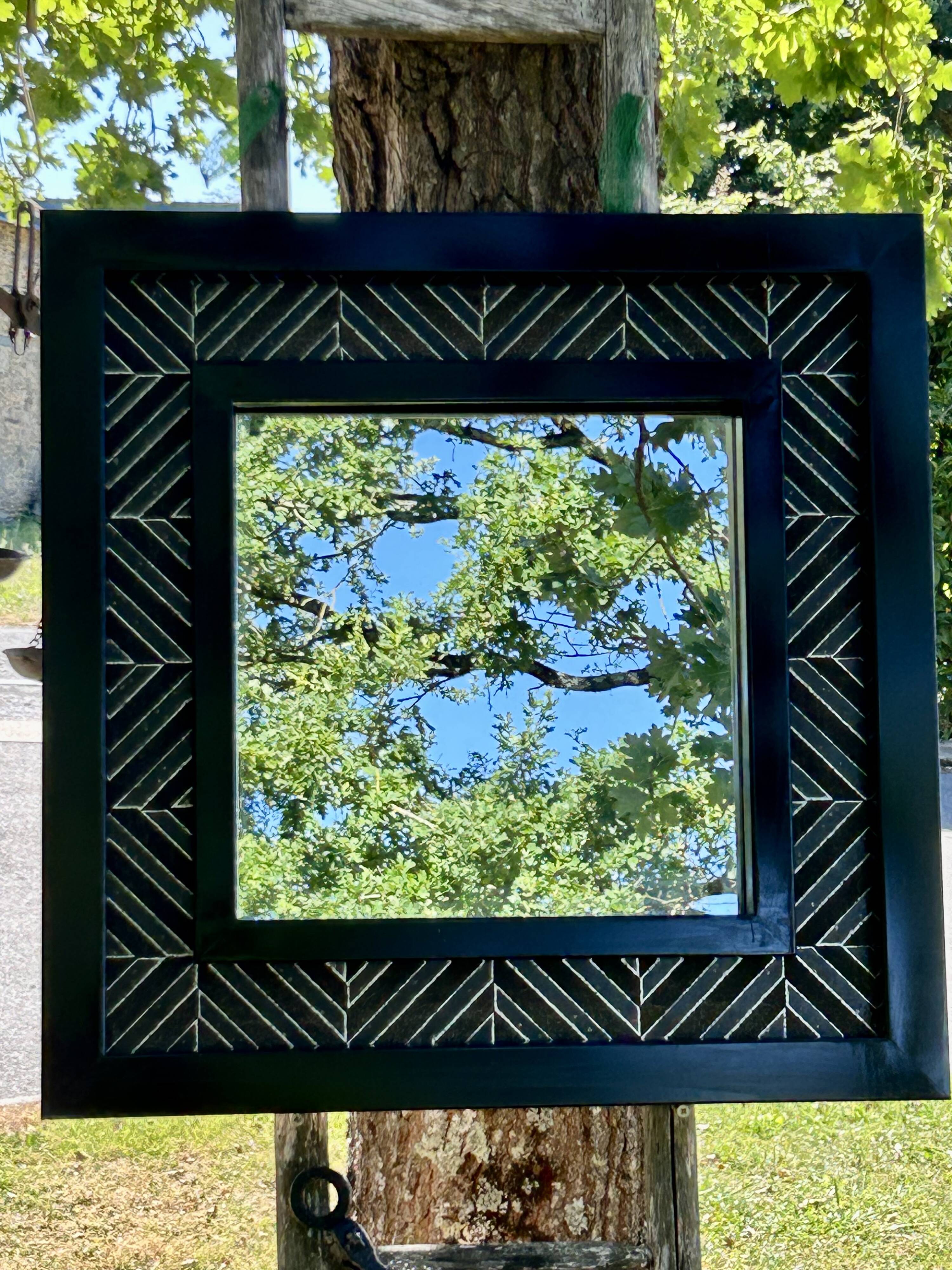 Superbe miroir contemporain métal et céramique géométrique