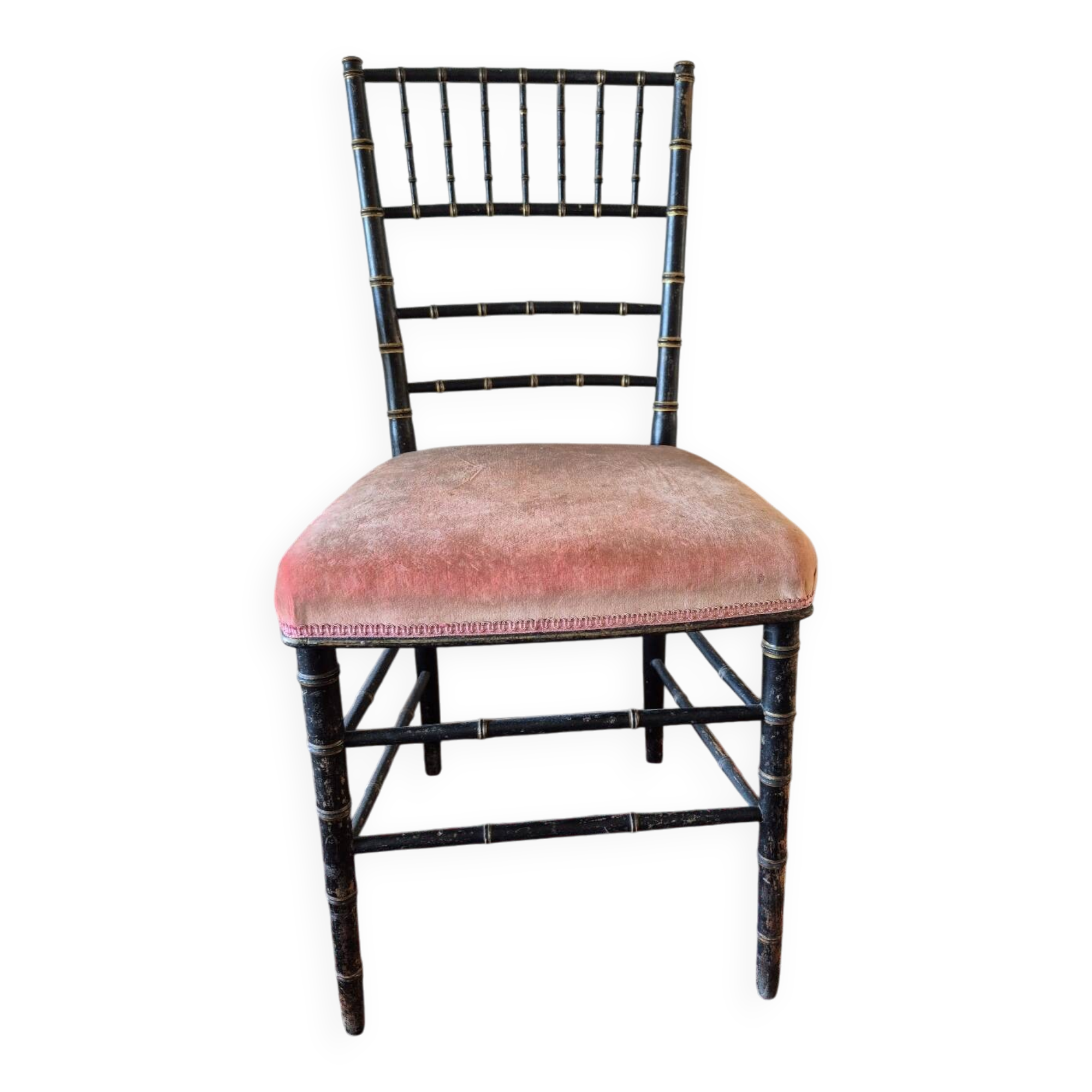 Small Napoléon III chair in black bamboo with a red velvet seat.