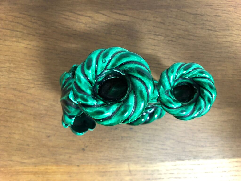 Pair of vintage candle holders in green ceramic color in vallauris style