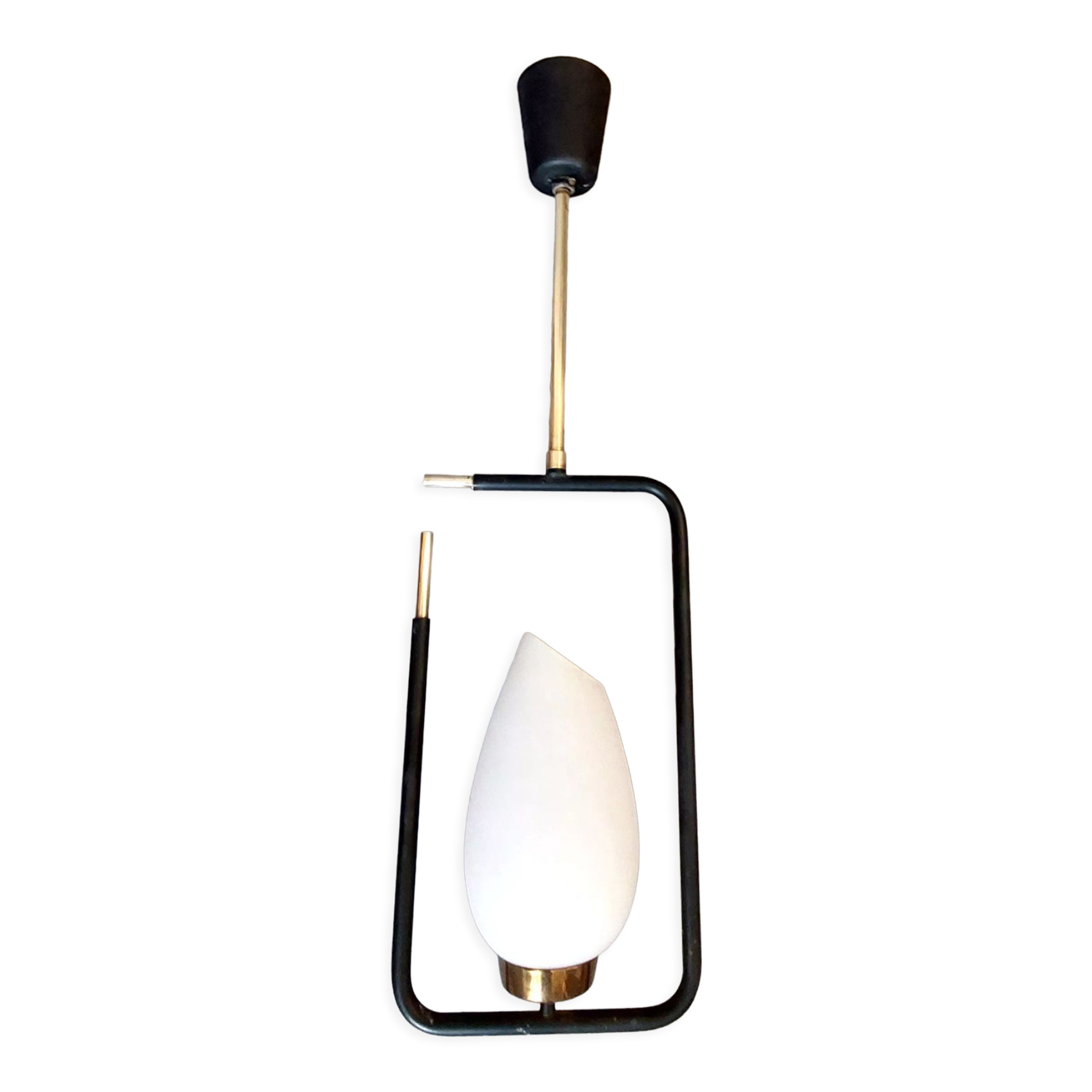 Maison Lunel pendant lamp in black metal, gilded brass and opaline 1960.
