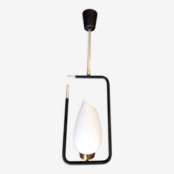 Maison Lunel pendant lamp in black metal, gilded brass and opaline 1960.