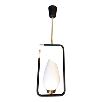 Maison Lunel pendant lamp in black metal, gilded brass and opaline 1960.