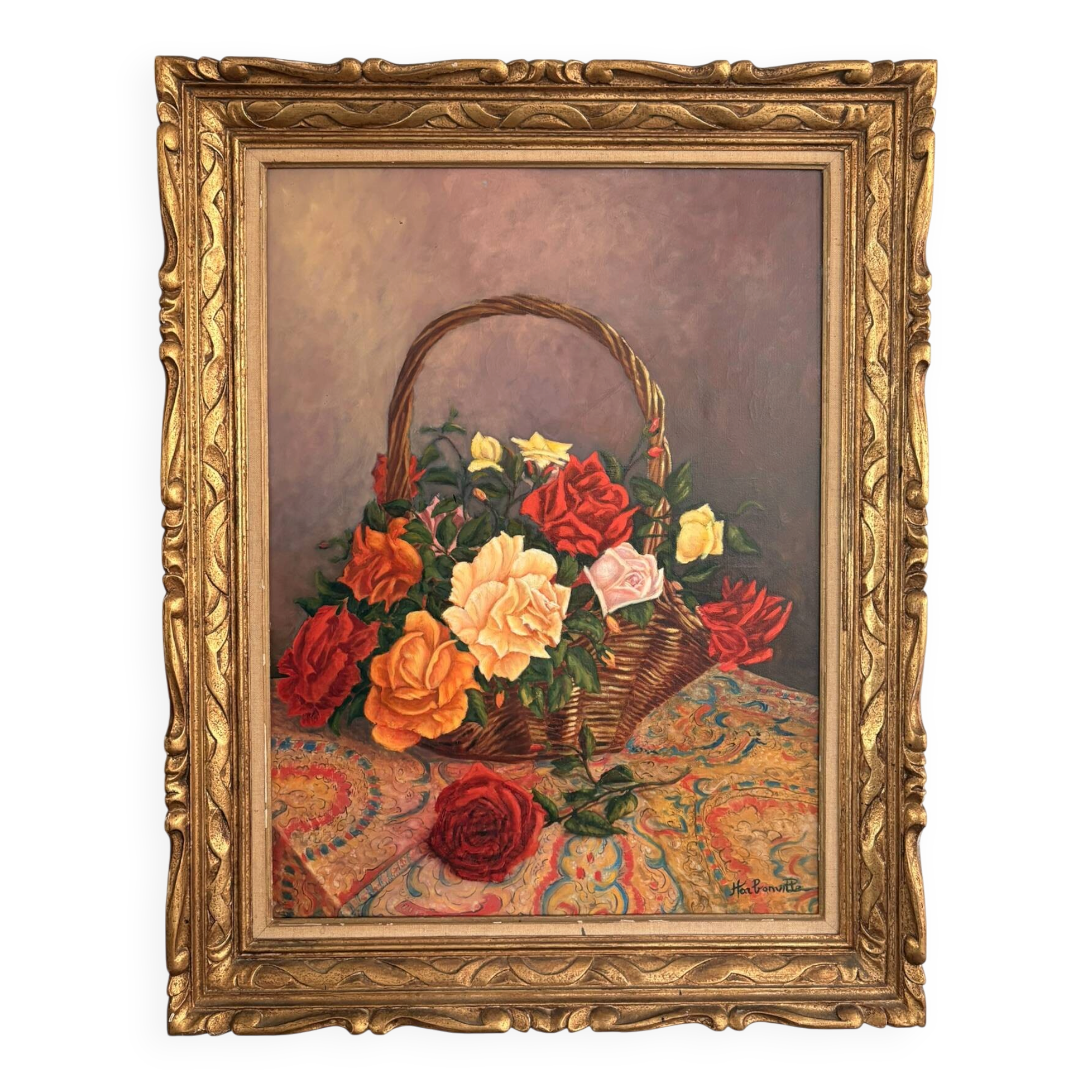 Old Oil Painting Canvas Still Life Rose Flowers Bouquet Signed
