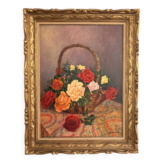Old Oil Painting Canvas Still Life Rose Flowers Bouquet Signed