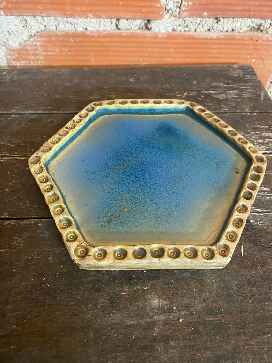 Old Enamelled Blue Stoneware Trivet France #D484