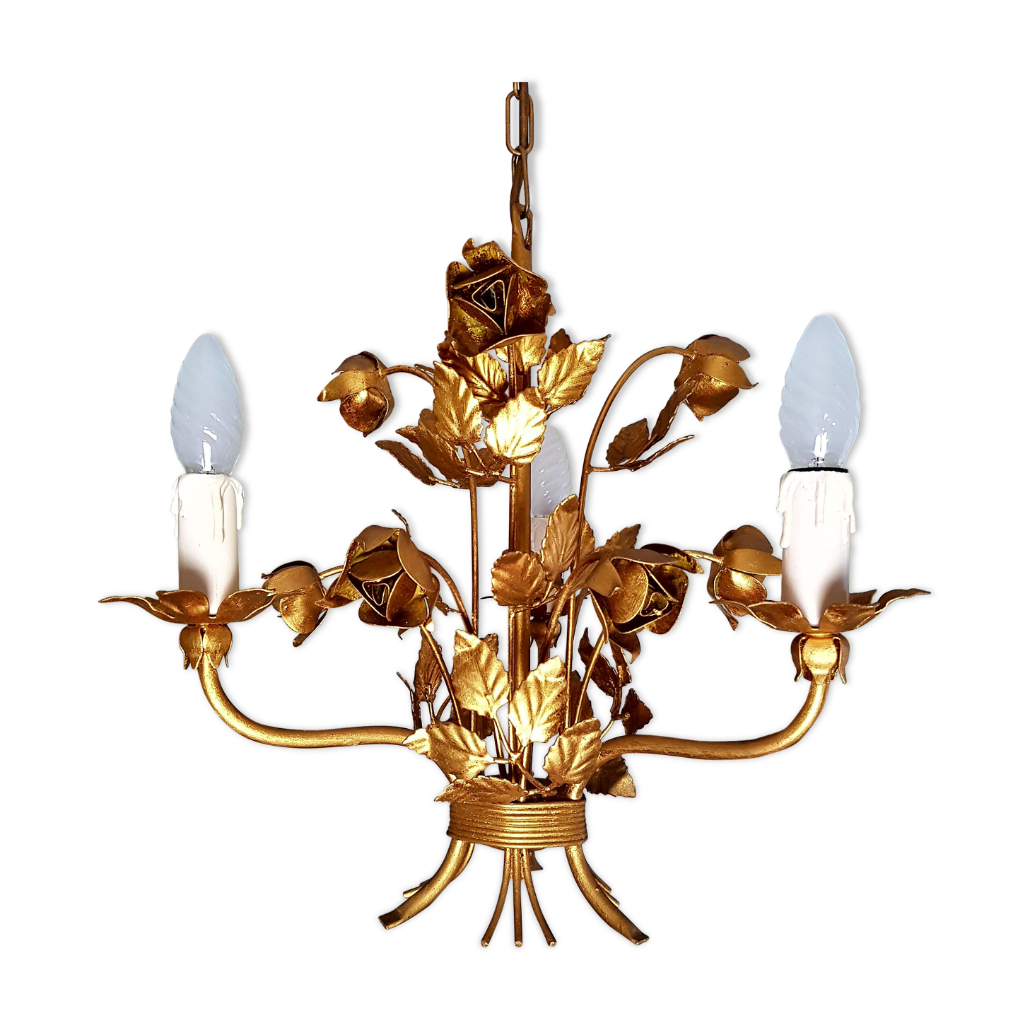 Lustre 3 feux doré décor de roses