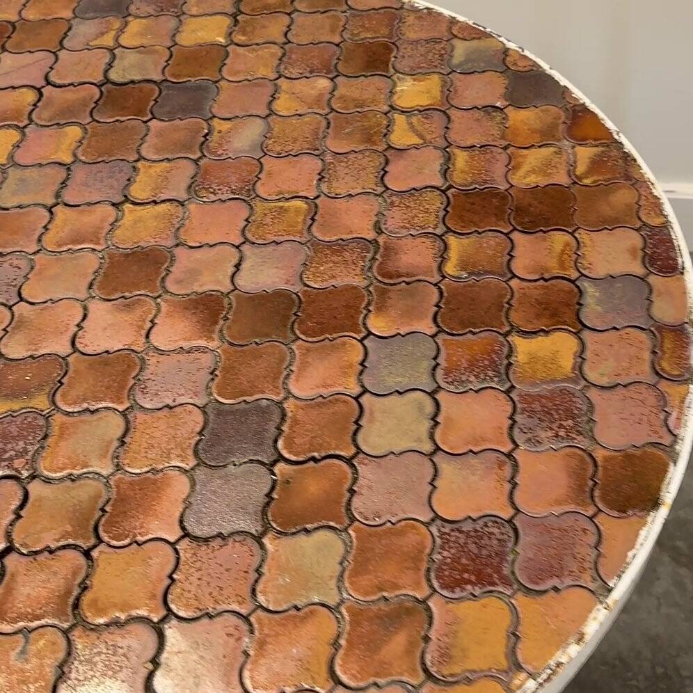 Vintage round French garden table with French "Tomettes" tiled top, 1960s