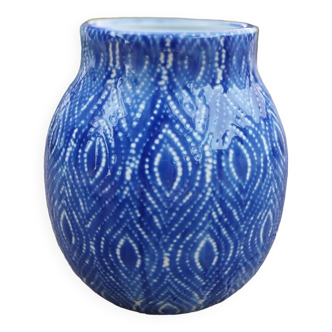 Vase décoratif céramique bleu/blanc émaillé, 1980