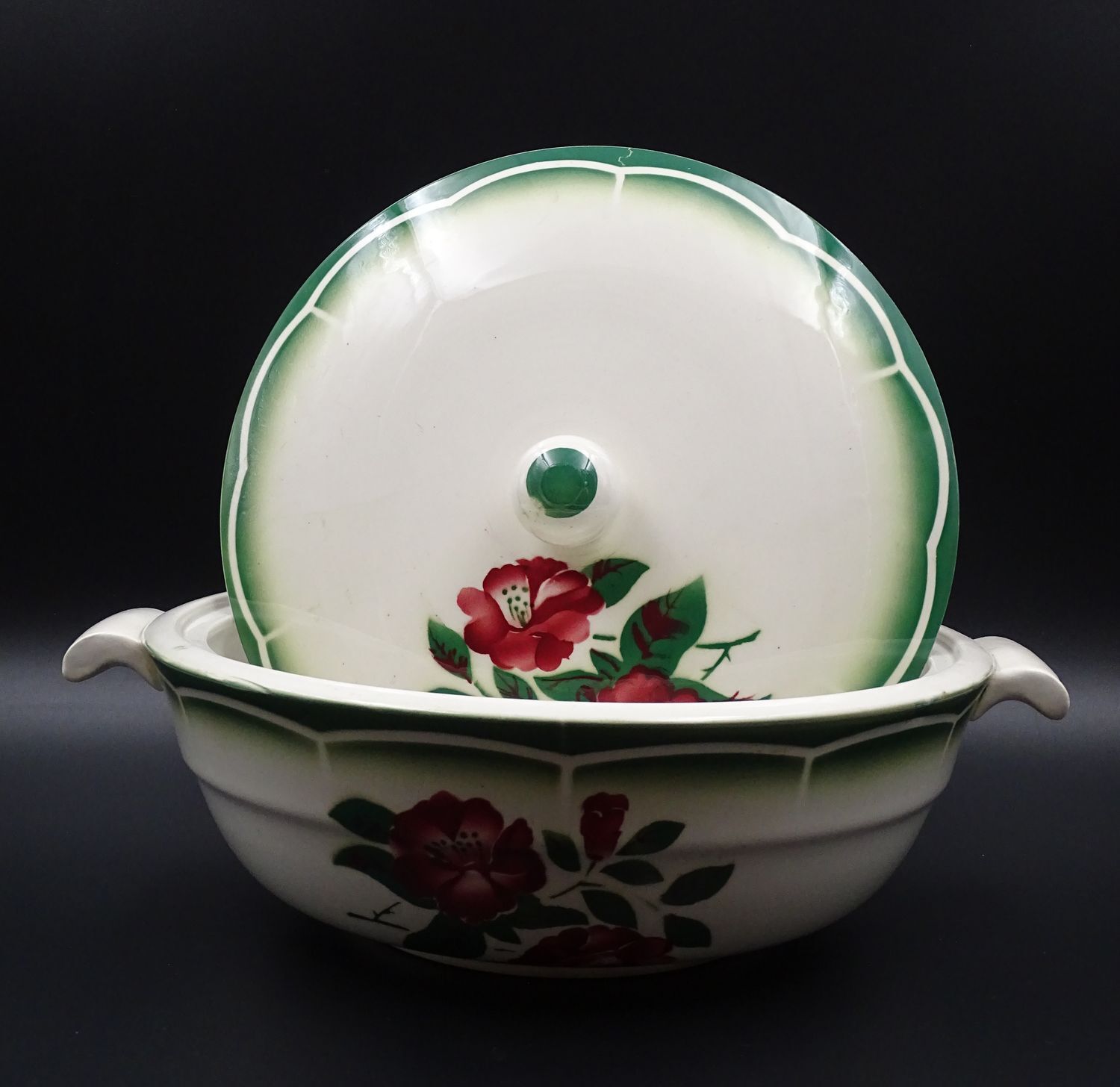 Digoin's soup maker - Mireille model - Rose decoration and green liseret - circa 1940