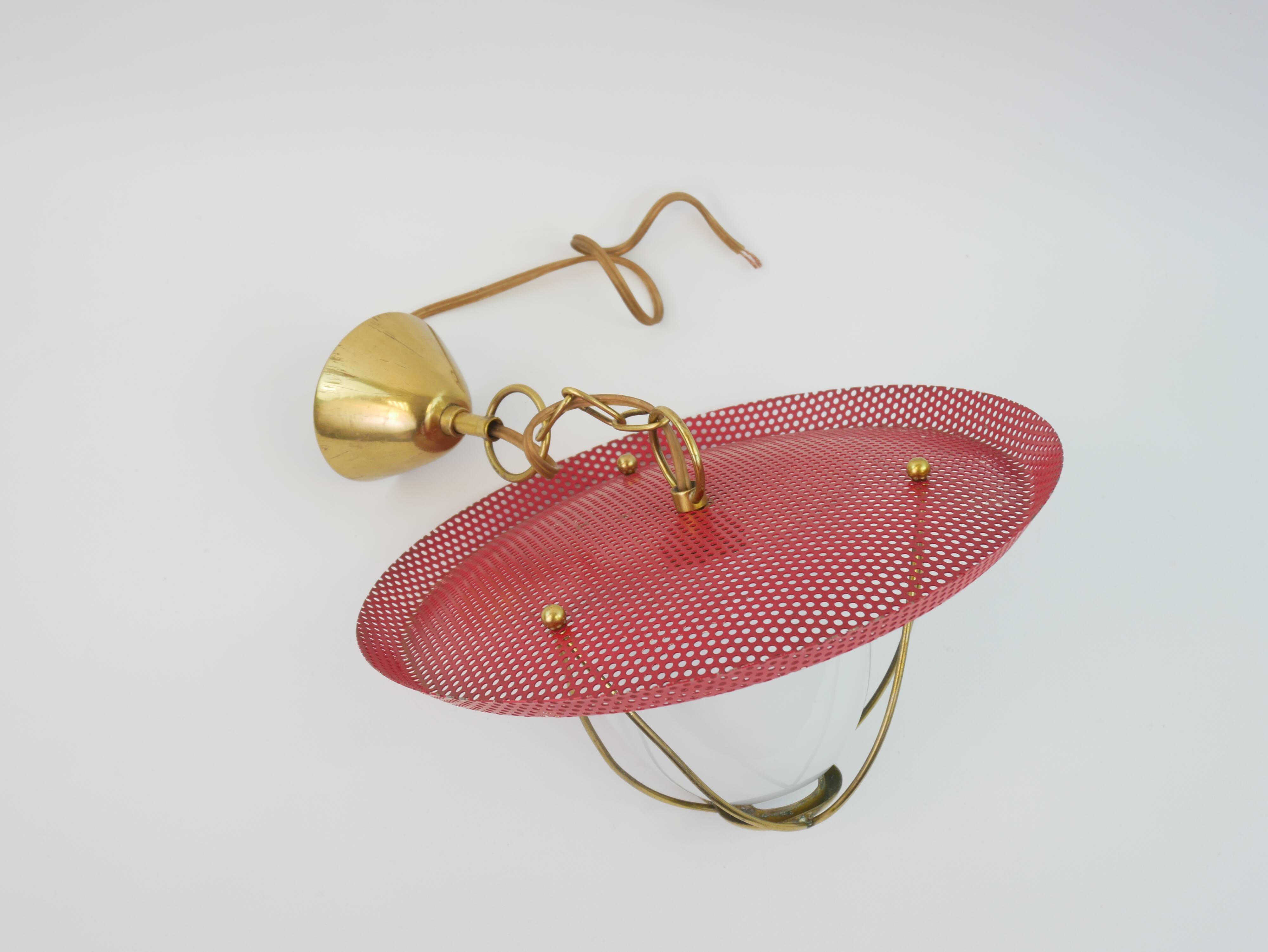 Suspension in perforated red lacquered metal, brass and opaline in the style of Mathieu Matégot